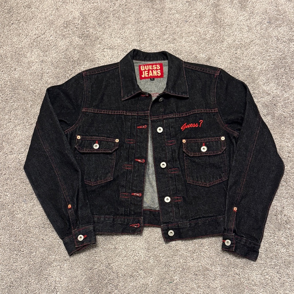Vintage GUESS Jeans Black Denim Jacket with Red Stitching